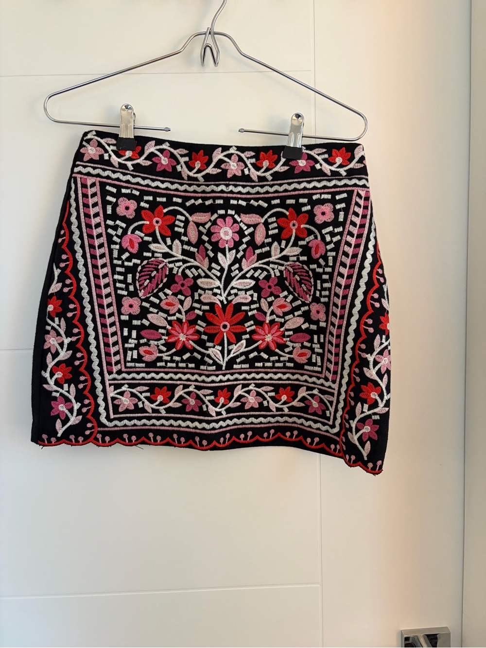 Francesca's Collections Black Mini Skirt with Red & Pink Floral Embroidery